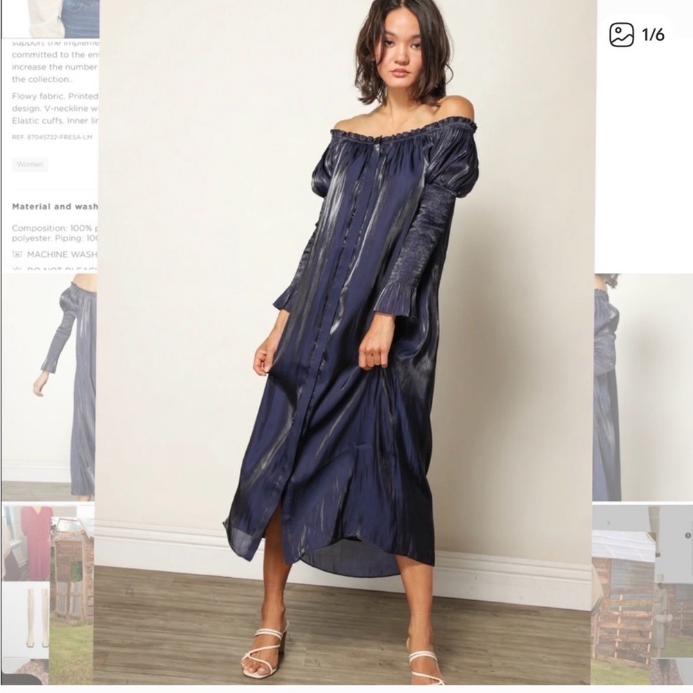 Line & Dot Blue Ruched Off-Shoulder Midi Dress